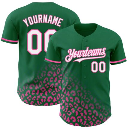 Custom Leopard Print Fade Baseball Jersey with 3D Pattern - Authentic Team Baseball Jersey in Kelly Green White-Pink Personalized
