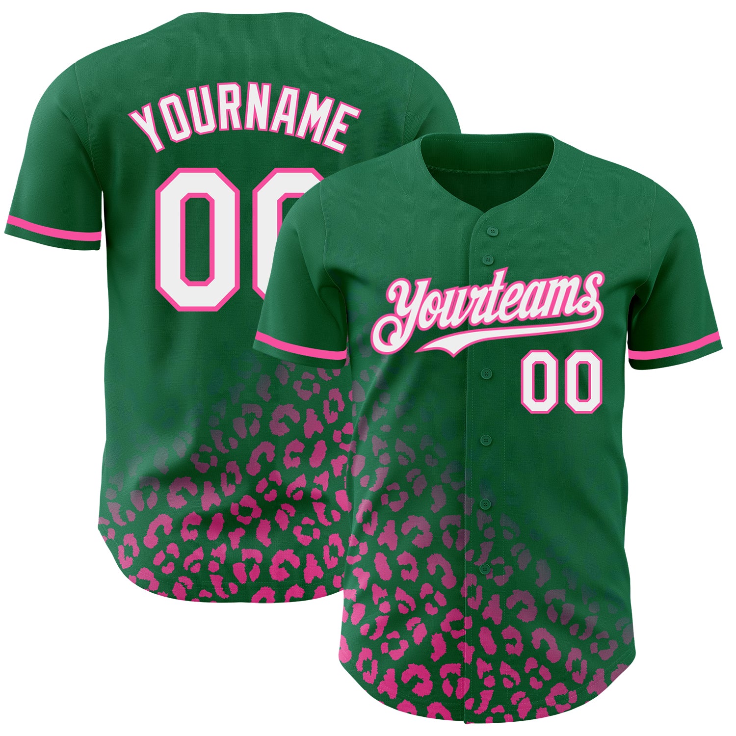 Custom Leopard Print Fade Baseball Jersey with 3D Pattern - Authentic Team Baseball Jersey in Kelly Green White-Pink Personalized