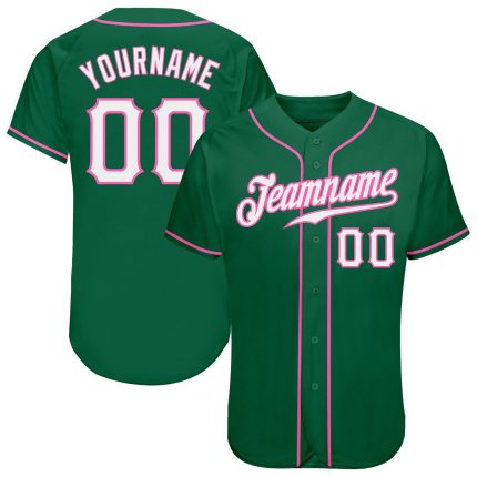 Custom Name and Number Authentic Baseball Jersey in Kelly Green with White-Pink Details Personalized Kelly Green White-Pink