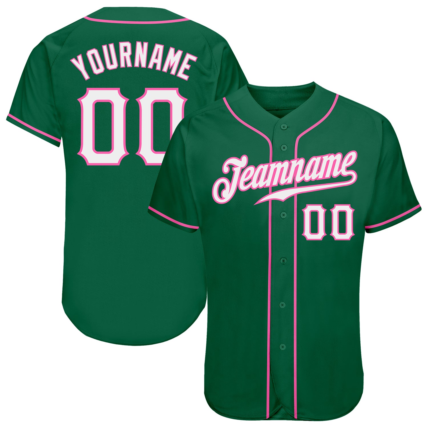 Custom Name and Number Authentic Baseball Jersey in Kelly Green with White-Pink Details Personalized Kelly Green White-Pink