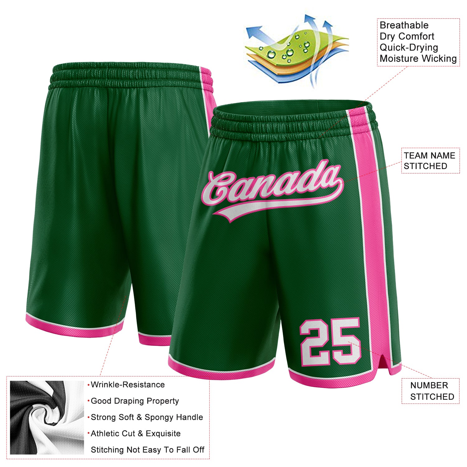 Personalized Kelly Green White-Pink Authentic Basketball Shorts Team Custom Name and Number Custom Name and Number Authentic Basketball Shorts in Kelly Green with White and Pink - Personalized Team Gear Personalized - Image 2