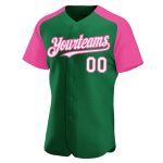 Custom Name and Number Baseball Jersey - Personalized Raglan Sleeves in Kelly Green, White, and Pink Personalized Kelly Green