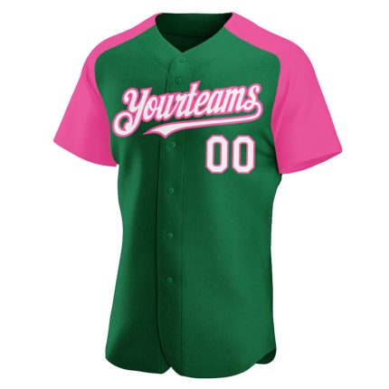 Custom Name and Number Baseball Jersey - Personalized Raglan Sleeves in Kelly Green, White, and Pink Personalized Kelly Green