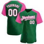 Custom Name and Number Baseball Jersey - Personalized Raglan Sleeves in Kelly Green, White, and Pink Personalized Kelly Green