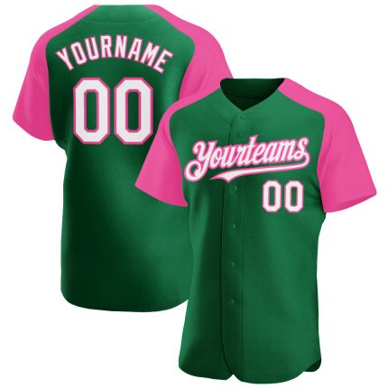 Custom Name and Number Baseball Jersey - Personalized Raglan Sleeves in Kelly Green, White, and Pink Personalized Kelly Green