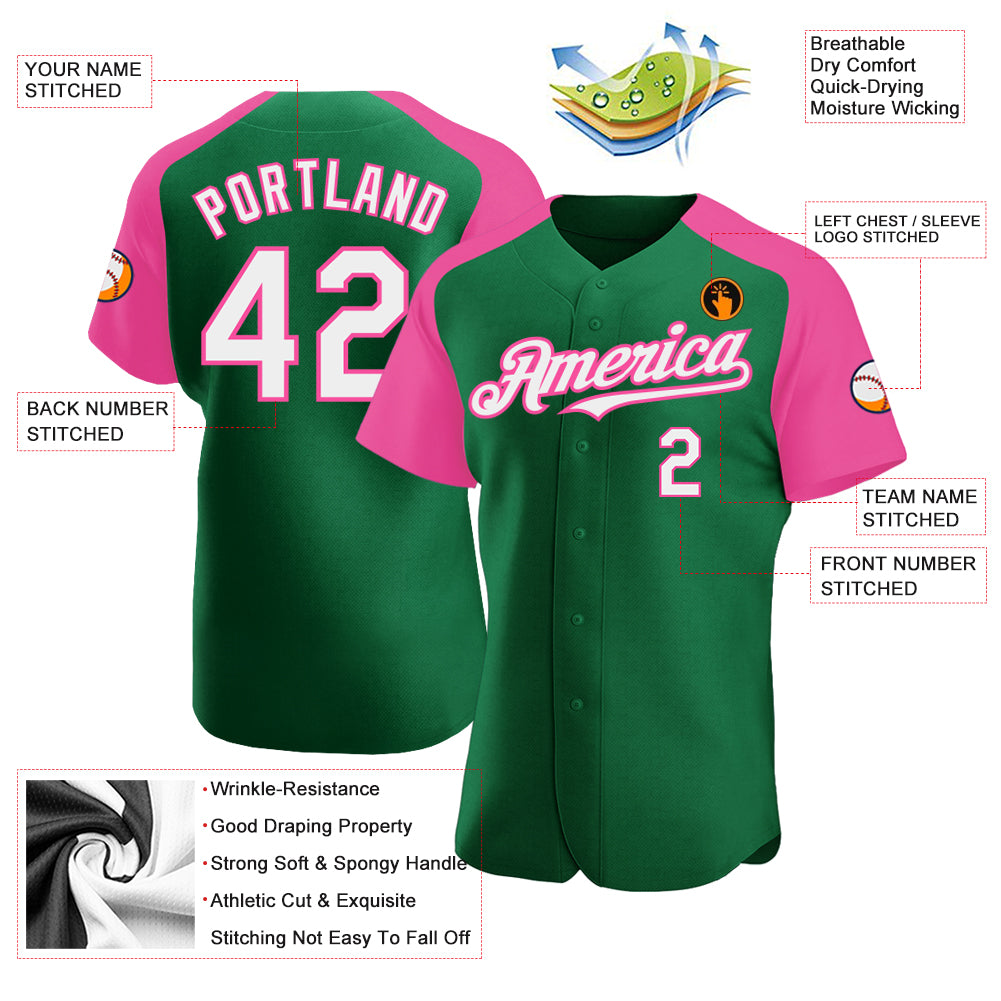 Personalized Kelly Green White-Pink Authentic Raglan Sleeves Baseball Jersey Team Custom Name and Number Custom Name and Number Baseball Jersey - Personalized Raglan Sleeves in Kelly Green, White, and Pink Personalized Kelly Green - Image 3