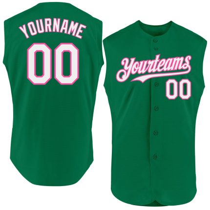 Custom Team Baseball Jersey - Personalized Kelly Green White-Pink Sleeveless with Name and Number Personalized Kelly Green