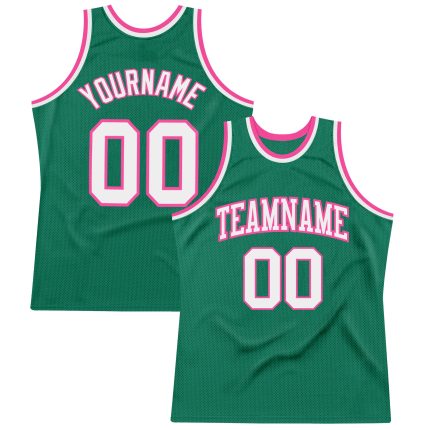 Custom Team Name Number Authentic Basketball Jersey in Kelly Green White-Pink - Personalized Throwback Style Personalized