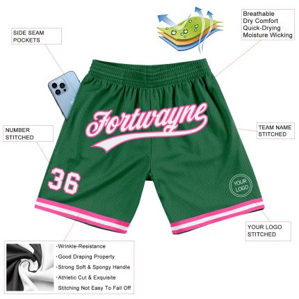Custom Name Number Basketball Shorts in Kelly Green White Pink - Authentic Throwback Personalized Kelly Green White-Pink