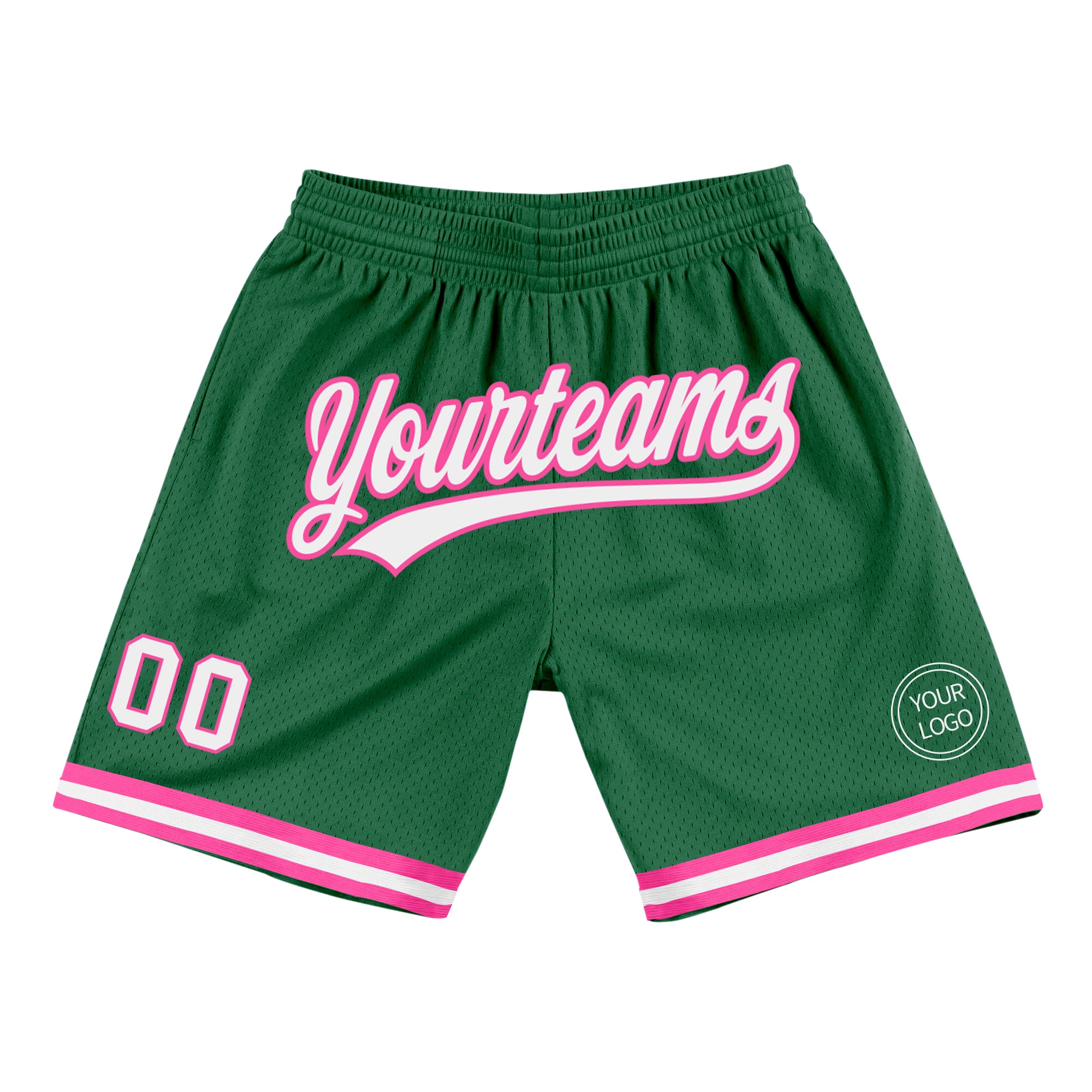 Custom Name Number Basketball Shorts in Kelly Green White Pink - Authentic Throwback Personalized Kelly Green White-Pink