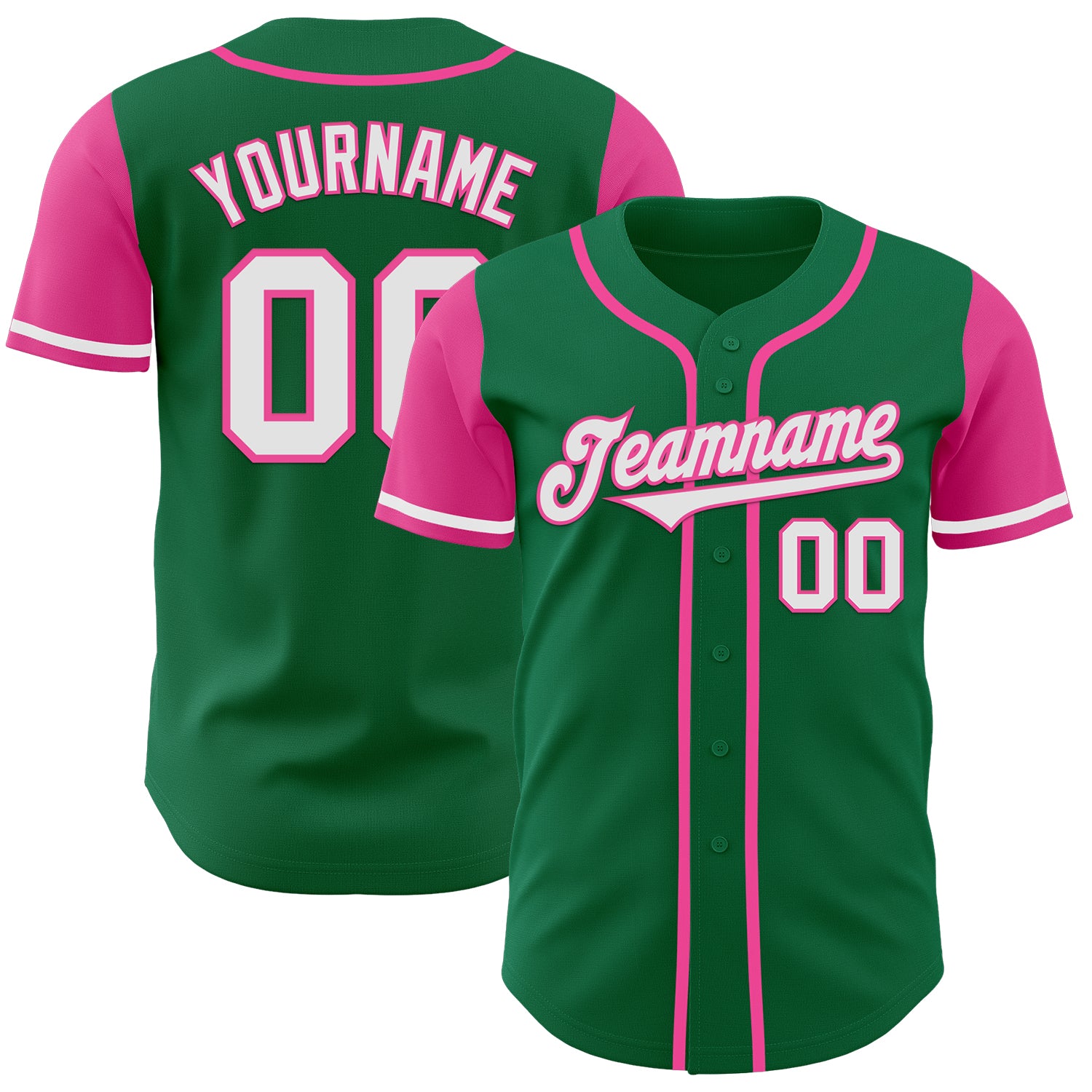 Custom Name and Number Two Tone Baseball Jersey - Kelly Green, White, Pink - Authentic Team Apparel Personalized Kelly Green