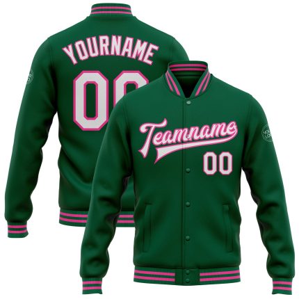 Custom Team Name Number Kelly Green White-Pink Bomber Varsity Letterman Jacket - Personalized Full-Snap Design Personalized