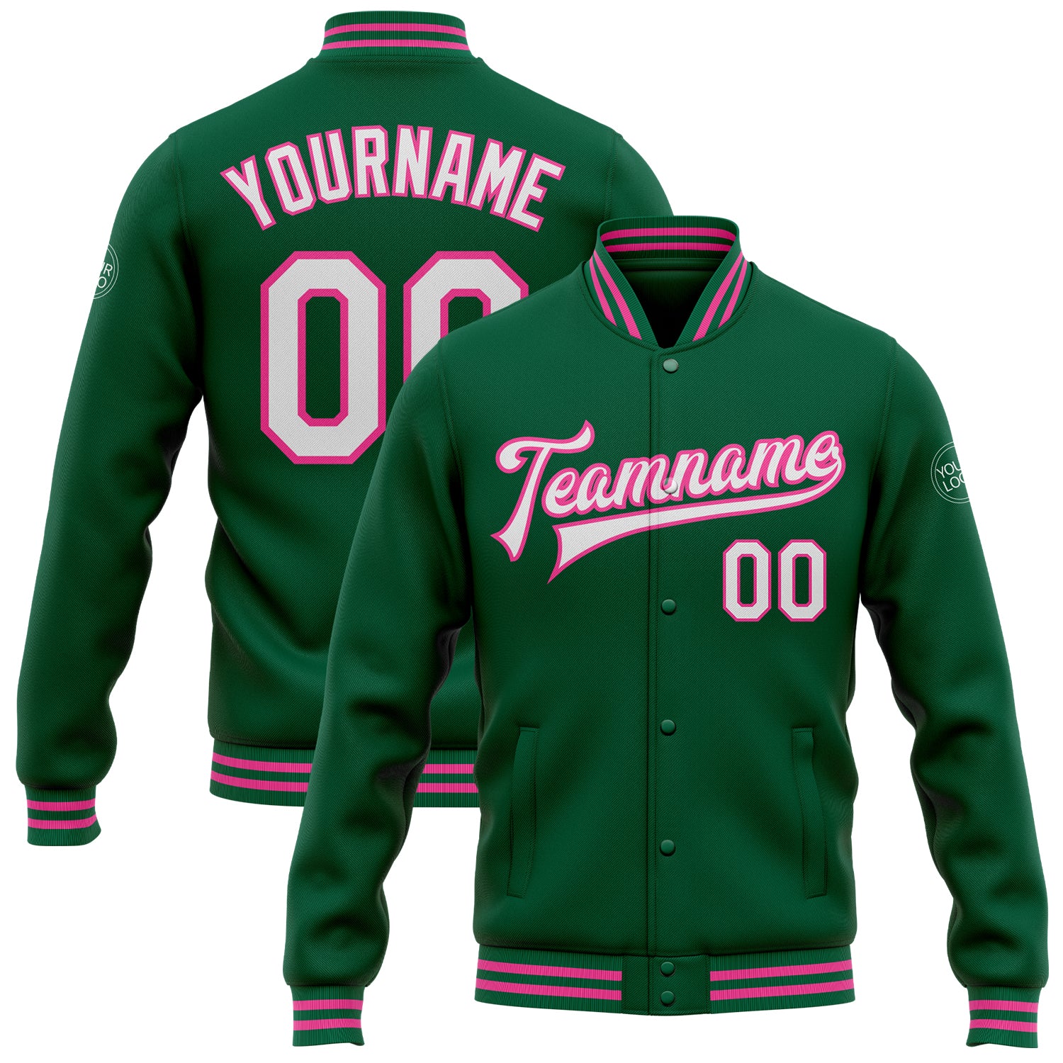 Custom Team Name Number Kelly Green White-Pink Bomber Varsity Letterman Jacket - Personalized Full-Snap Design Personalized