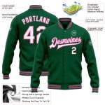 Custom Team Name Number Kelly Green White-Pink Bomber Varsity Letterman Jacket - Personalized Full-Snap Design Personalized