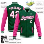 Custom Team Name Number Bomber Jacket Kelly Green White Pink Two Tone Full-Snap Varsity Letterman Personalized Outerwear