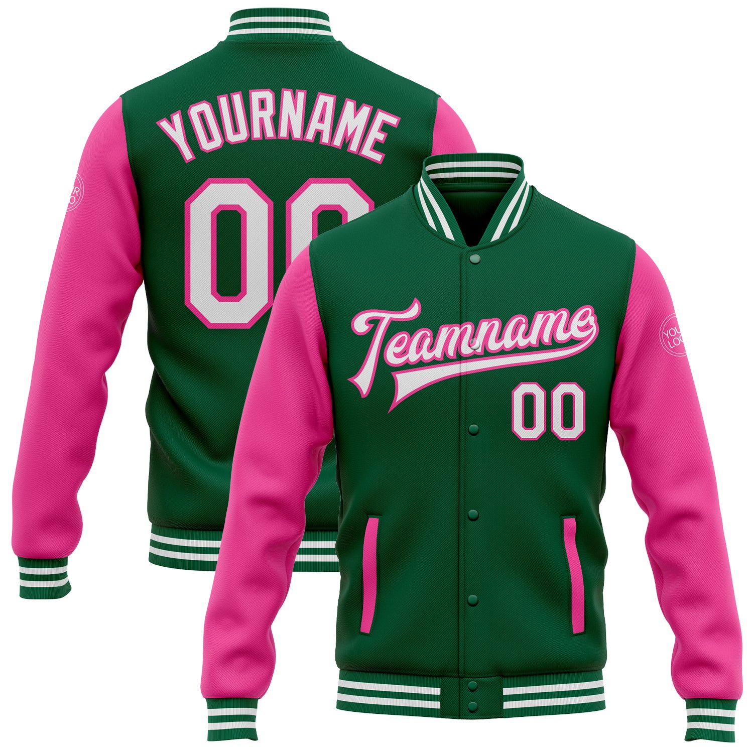Custom Team Name Number Bomber Jacket Kelly Green White Pink Two Tone Full-Snap Varsity Letterman Personalized Outerwear