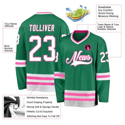 Custom Personalized Hockey Jersey with Name & Number - Kelly Green, White, Pink Personalized Kelly Green White-Pink Hockey