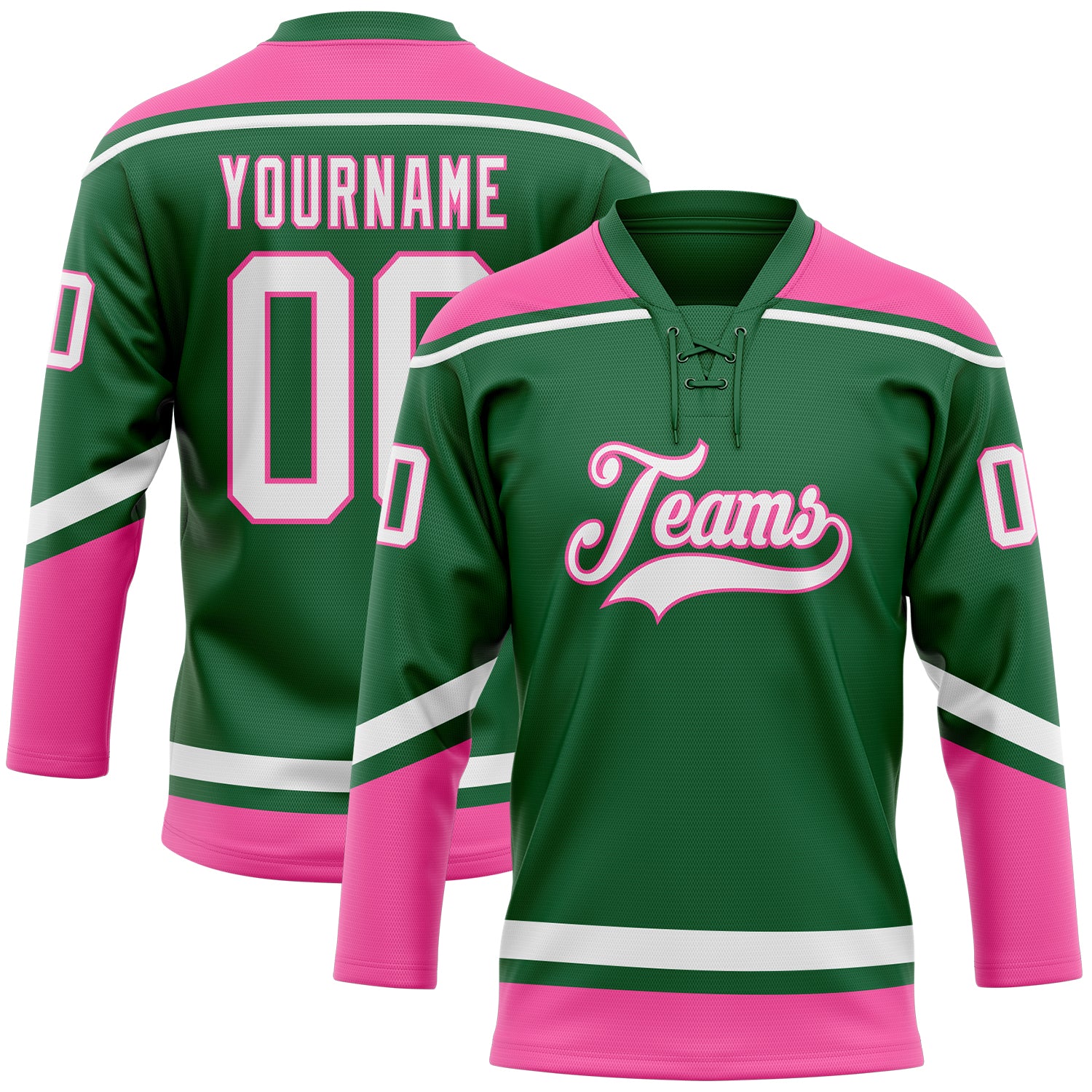 Custom Name Number Hockey Jersey - Personalized Kelly Green White Pink Lace Neck Team Apparel Personalized Kelly Green White-Pink