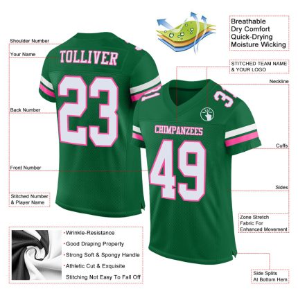 Personalized Green White and Pink Mesh Authentic Football Jersey - Custom Team Gear Personalized Kelly Green White-Pink Mesh