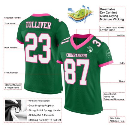 Custom Name & Number Personalized Football Jersey - Kelly Green White-Pink Mesh Authentic Design Personalized Kelly Green