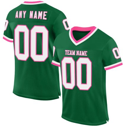 Custom Personalized Kelly Green Football Jersey with White-Pink Mesh, Authentic Team Design, Custom Name and Number Personalized