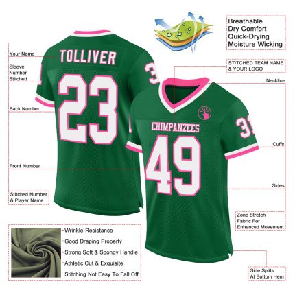 Custom Personalized Kelly Green Football Jersey with White-Pink Mesh, Authentic Team Design, Custom Name and Number Personalized