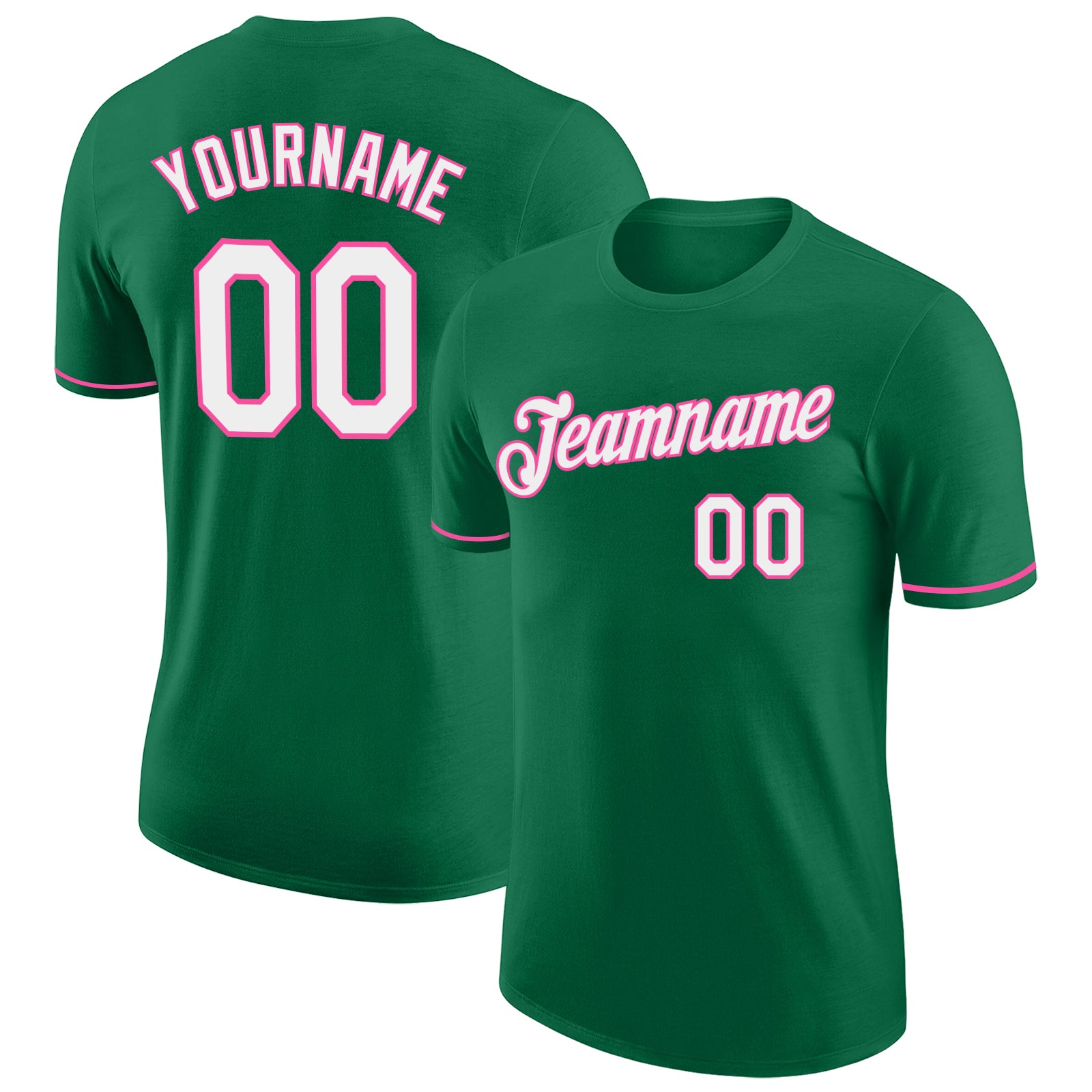 Custom Team Name and Number Performance T-Shirt in Kelly Green, White-Pink Colors - Personalized Tee Personalized Kelly Green