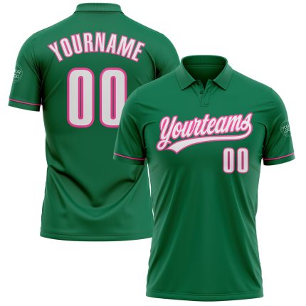 Custom Name & Number Performance Golf Polo Shirt in Kelly Green, White & Pink for Team Use Personalized Kelly Green White-Pink