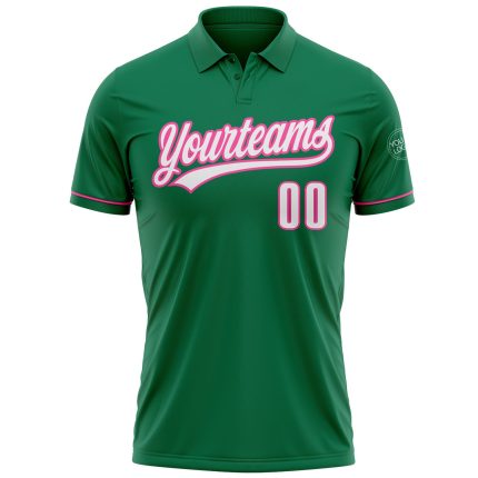 Custom Name & Number Performance Golf Polo Shirt in Kelly Green, White & Pink for Team Use Personalized Kelly Green White-Pink