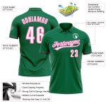 Custom Name & Number Performance Golf Polo Shirt in Kelly Green, White & Pink for Team Use Personalized Kelly Green White-Pink