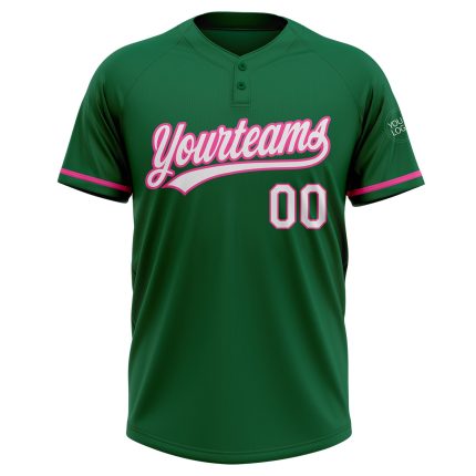 Custom Name and Number Softball Jersey for Team, Personalized Kelly Green White-Pink Unisex Two-Button Design Personalized