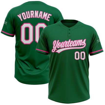 Custom Name and Number Softball Jersey for Team, Personalized Kelly Green White-Pink Unisex Two-Button Design Personalized