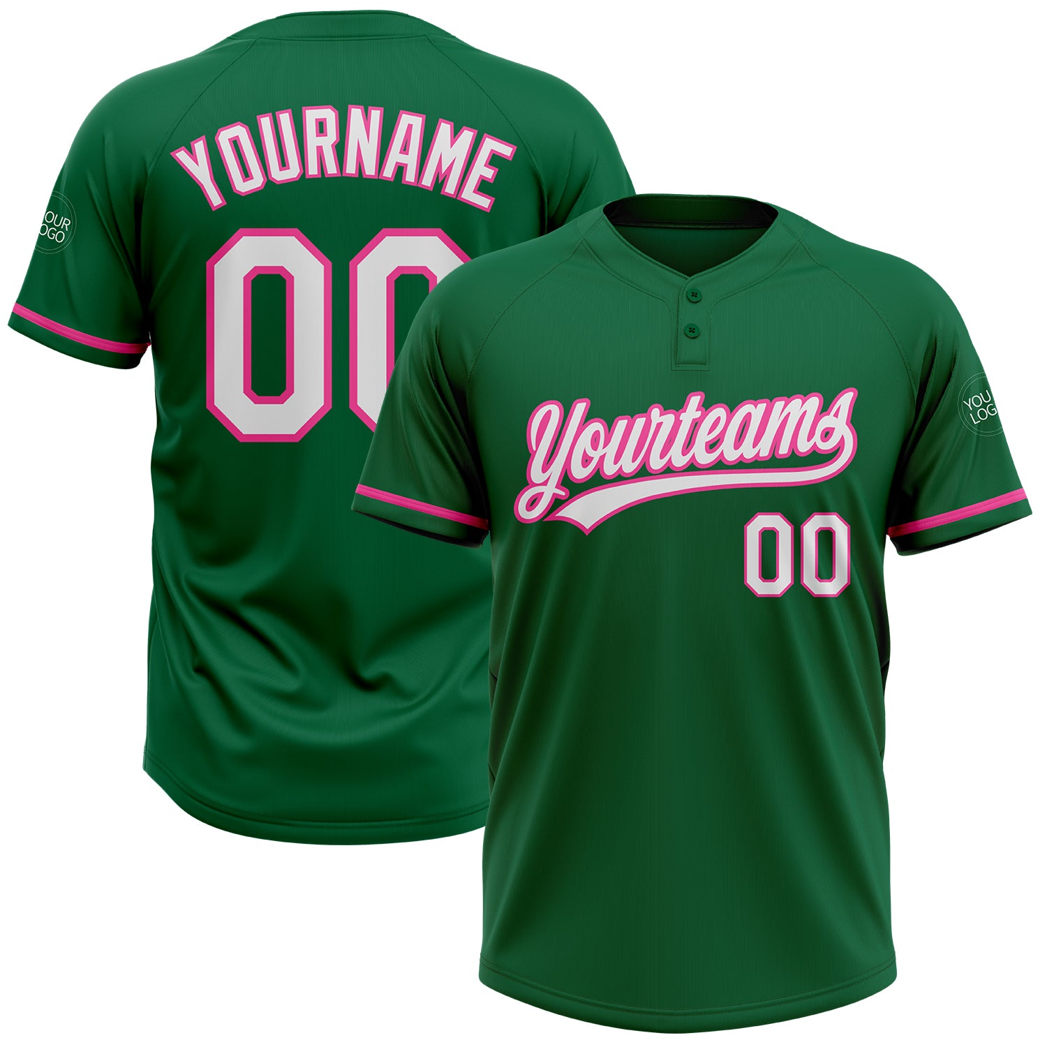 Custom Name and Number Softball Jersey for Team, Personalized Kelly Green White-Pink Unisex Two-Button Design Personalized