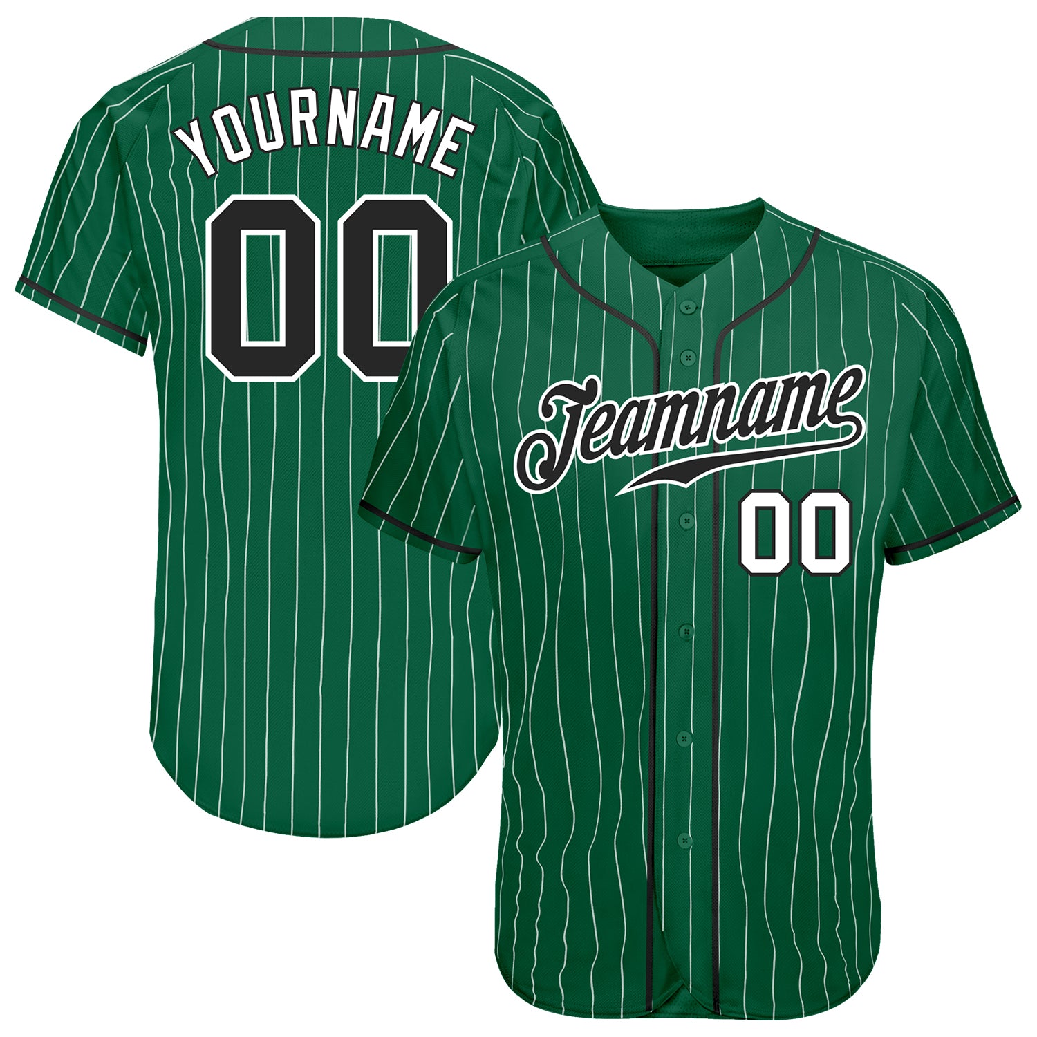 Custom Black White Baseball Jersey with Personalized Name and Number - Kelly Green White Pinstripe Authentic Style Personalized