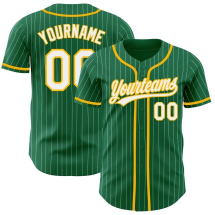 Custom Name and Number Kelly Green White Pinstripe Gold Baseball Jersey - Authentic Team Jersey Personalized Kelly Green