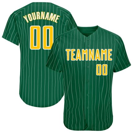 Custom Name and Number Authentic Baseball Jersey - Kelly Green White Pinstripe Gold-White Personalized Kelly Green White