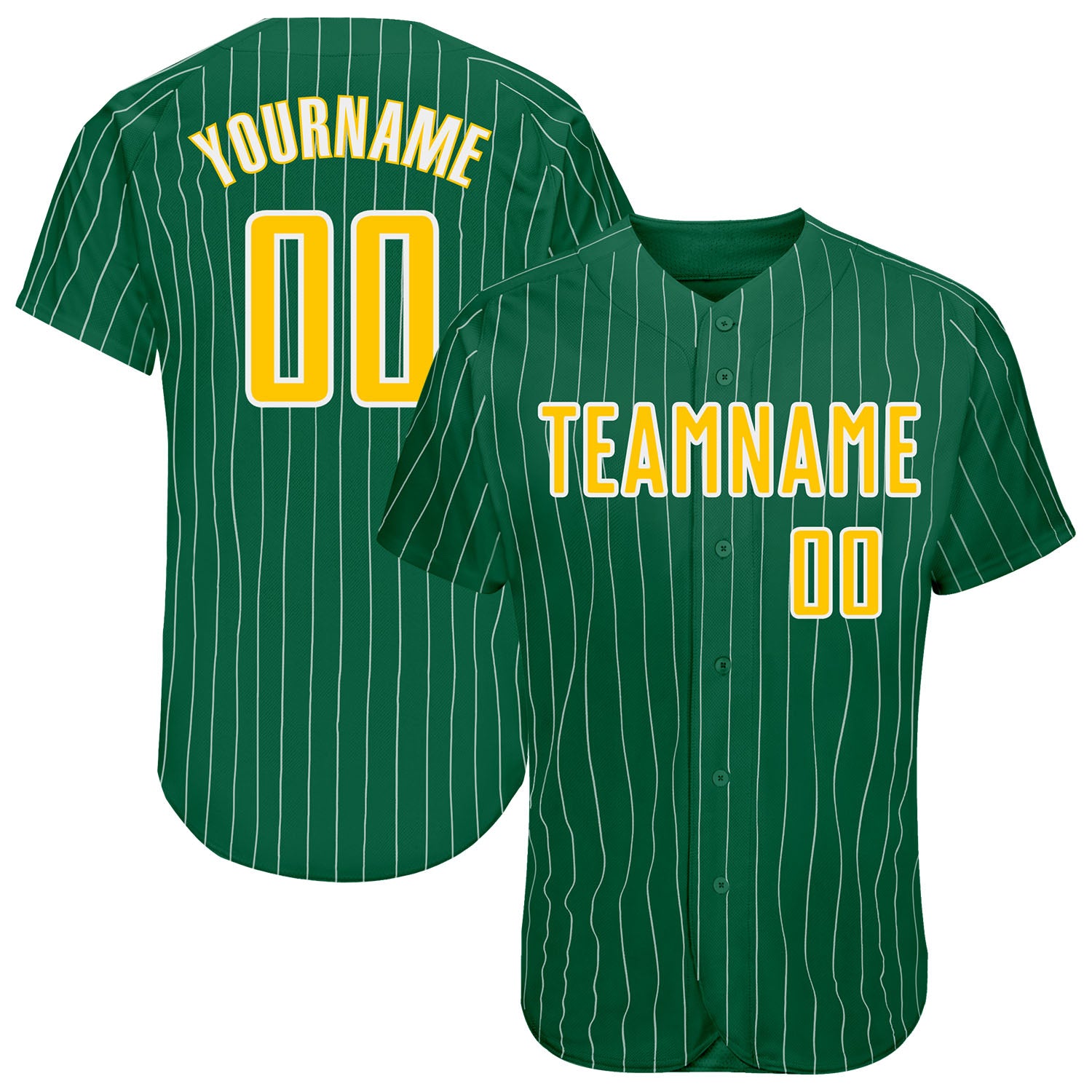 Custom Name and Number Authentic Baseball Jersey - Kelly Green White Pinstripe Gold-White Personalized Kelly Green White