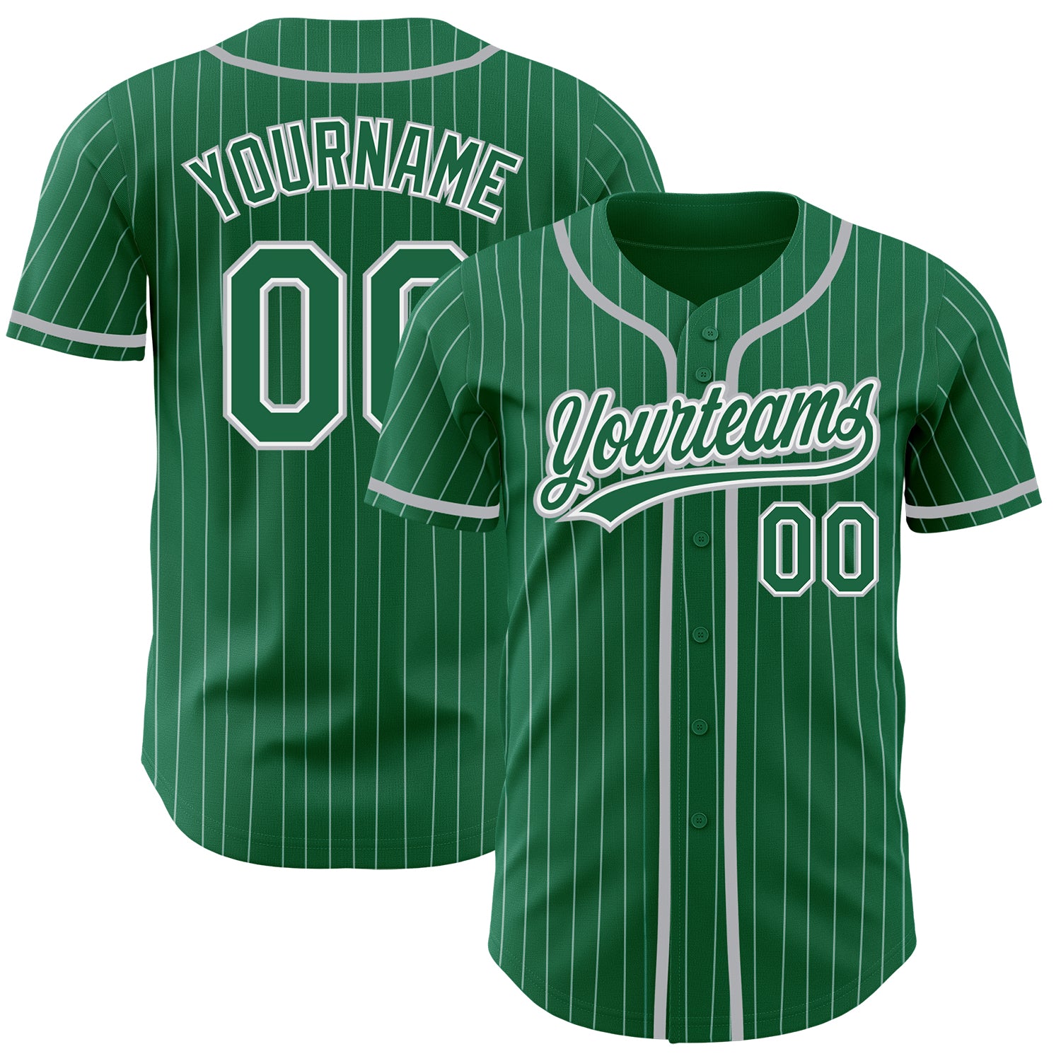 Personalized Kelly Green & White Pinstripe Gray Baseball Jersey - Authentic Team Apparel Personalized Kelly Green White Pinstripe