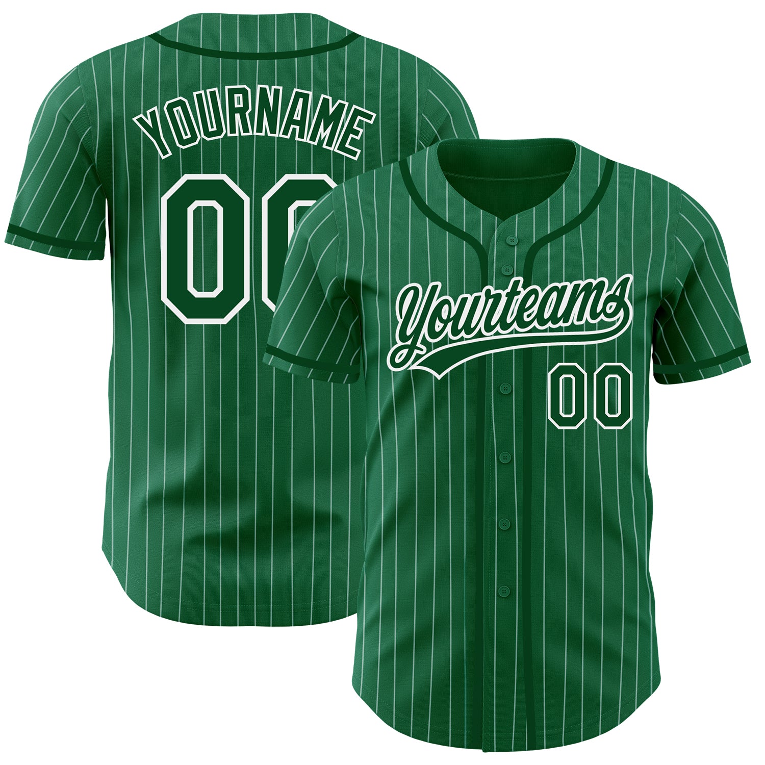 Customizable Kelly Green and White Pinstripe Authentic Baseball Jersey with Name and Number - Team Apparel Personalized Kelly