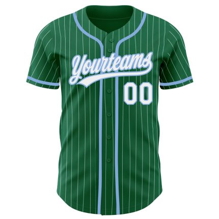 Custom Name and Number Personalized Baseball Jersey - Kelly Green White Pinstripe Light Blue Authentic Design Personalized