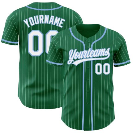 Custom Name and Number Personalized Baseball Jersey - Kelly Green White Pinstripe Light Blue Authentic Design Personalized