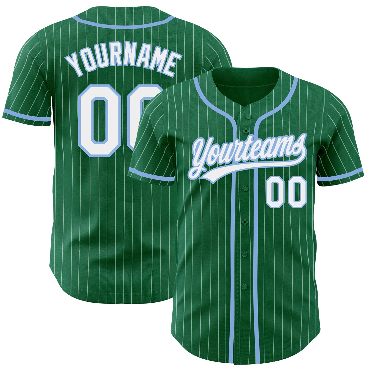 Custom Name and Number Personalized Baseball Jersey - Kelly Green White Pinstripe Light Blue Authentic Design Personalized