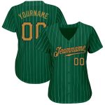 Custom Name and Number Authentic Baseball Jersey in Kelly Green White Pinstripe with Old Gold-Black - Team Apparel Personalized