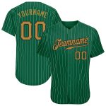Custom Name and Number Authentic Baseball Jersey in Kelly Green White Pinstripe with Old Gold-Black - Team Apparel Personalized