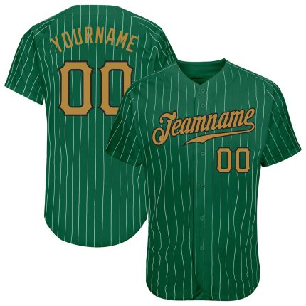 Custom Name and Number Authentic Baseball Jersey in Kelly Green White Pinstripe with Old Gold-Black - Team Apparel Personalized