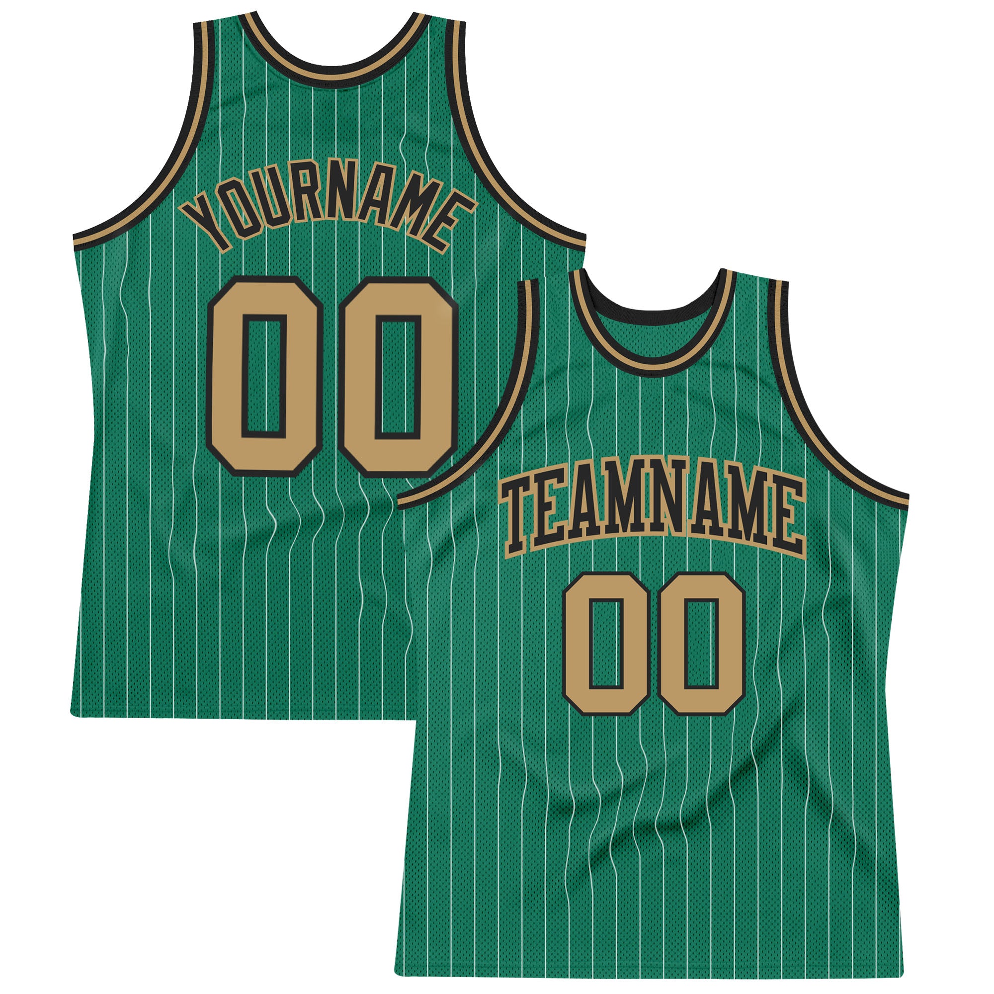 Personalized Authentic Basketball Jersey - Kelly Green White Pinstripe Old Gold Black Personalized Kelly Green White Pinstripe