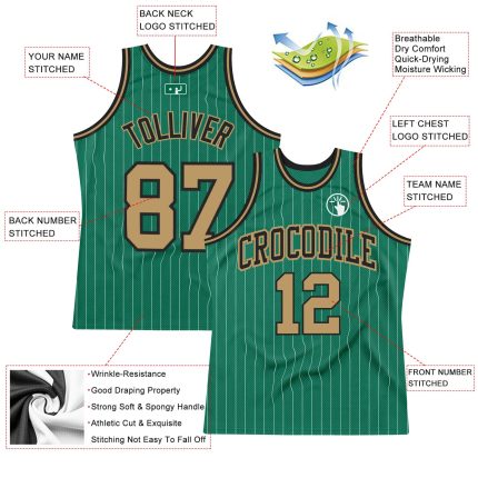 Personalized Authentic Basketball Jersey - Kelly Green White Pinstripe Old Gold Black Personalized Kelly Green White Pinstripe
