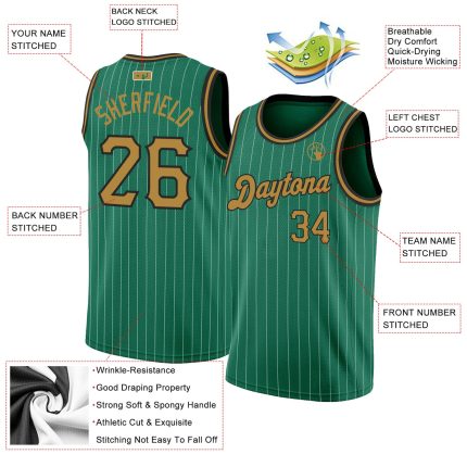 Custom Basketball Jersey with Personalized Name and Number - Kelly Green White Pinstripe Old Gold-Black Authentic Style Personalized