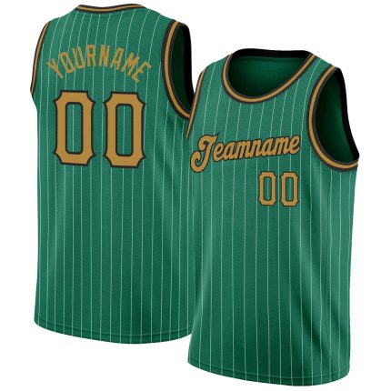 Custom Basketball Jersey with Personalized Name and Number - Kelly Green White Pinstripe Old Gold-Black Authentic Style Personalized