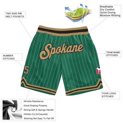 Custom Name Number Authentic Basketball Shorts - Personalized Kelly Green White Pinstripe Old Gold Black Personalized Kelly
